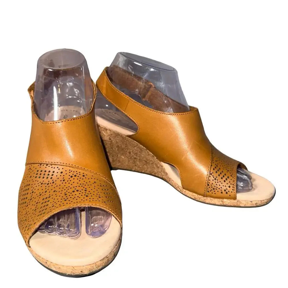 Clarks Collection Tan Leather Perforated Wedge Sandals Women's Size 7.5